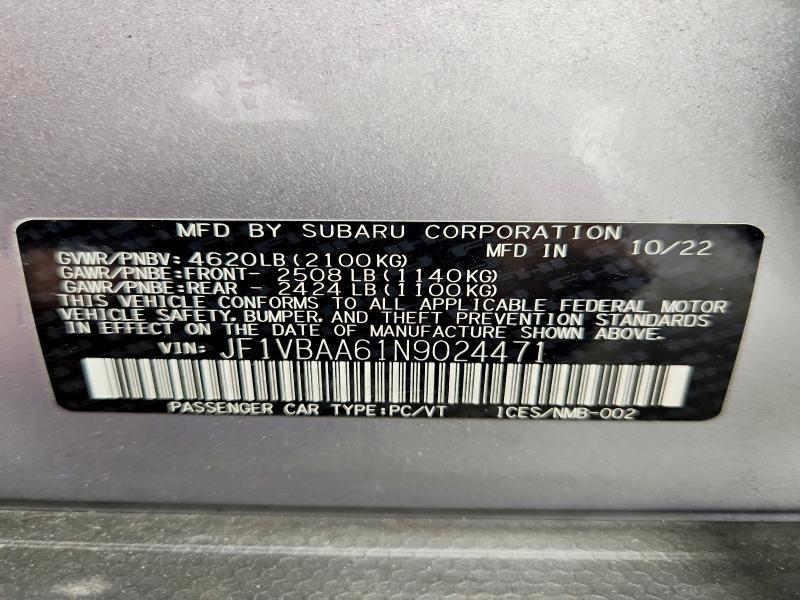 Aukcja sprzedaży 2022 Subaru Wrx, vin: JF1VBAA61N9024471, numer aukcji: 65140936