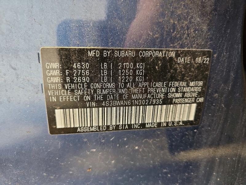 Aukcja sprzedaży 2022 Subaru Legacy, vin: 4S3BWAN61N3027935, numer aukcji: 65843196