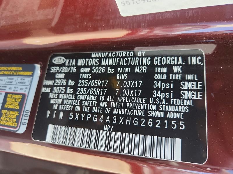 2017 Kia Sorento მანქანა იყიდება აუქციონზე, vin: 5XYPG4A3XHG262155, აუქციონის ნომერი: 66431976