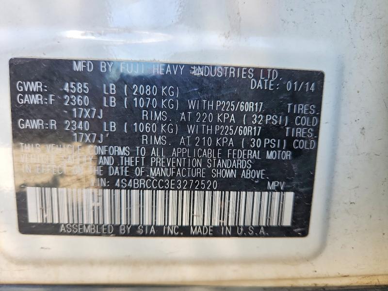 2014 Subaru Outback მანქანა იყიდება აუქციონზე, vin: 4S4BRCCC3E3272520, აუქციონის ნომერი: 66250246