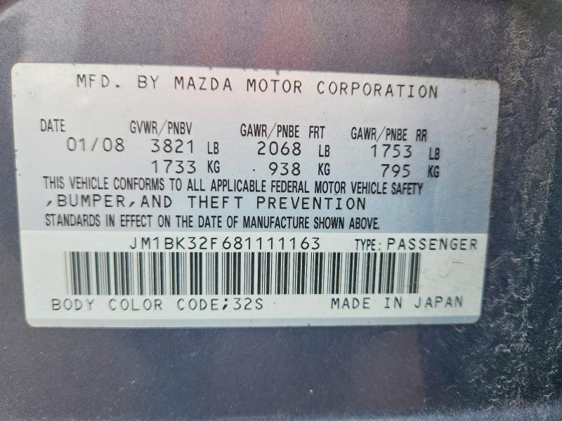 64898046 :رقم المزاد ، JM1BK32F681111163 vin ، 2008 Mazda 3 مزاد بيع