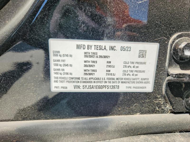 2023 Tesla Model S მანქანა იყიდება აუქციონზე, vin: 5YJSA1E60PF513978, აუქციონის ნომერი: 64987366
