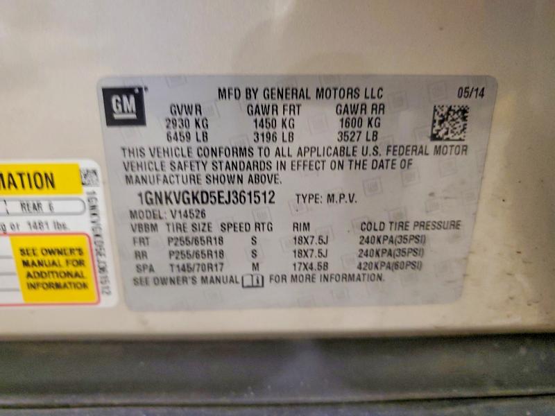 64373796 :رقم المزاد ، 1GNKVGKD5EJ361512 vin ، 2014 Chevrolet Traverse مزاد بيع