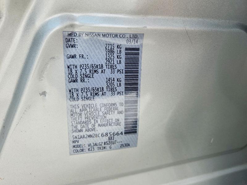 Aukcja sprzedaży 2014 Nissan Pathfinder, vin: 5N1AR2MN2EC685664, numer aukcji: 63494306