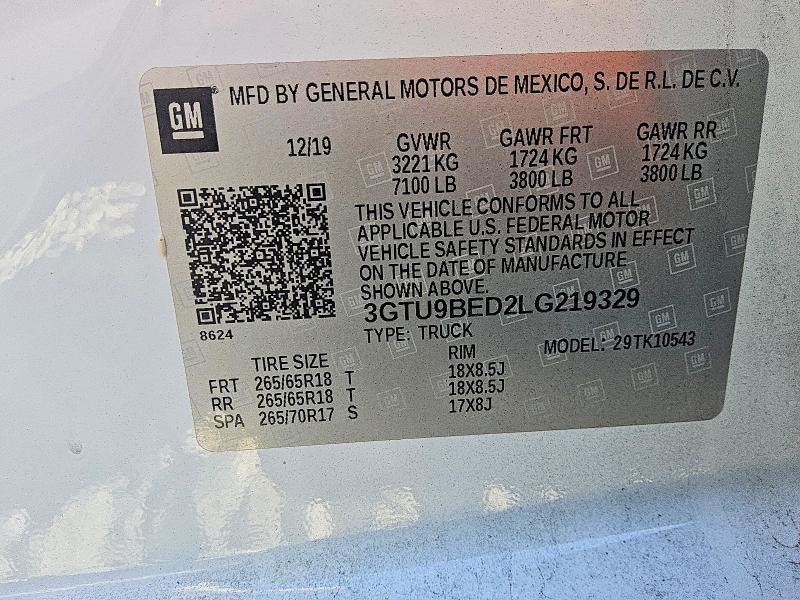 Aukcja sprzedaży 2020 Gmc Sierra, vin: 3GTU9BED2LG219329, numer aukcji: 64684166
