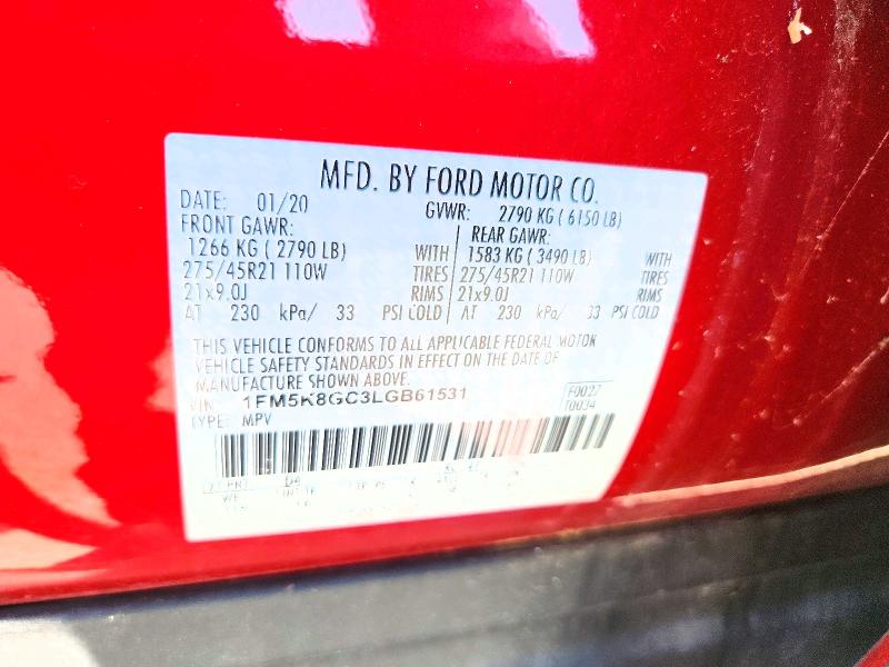 65043846 :رقم المزاد ، 1FM5K8GC3LGB61531 vin ، 2020 Ford Explorer مزاد بيع