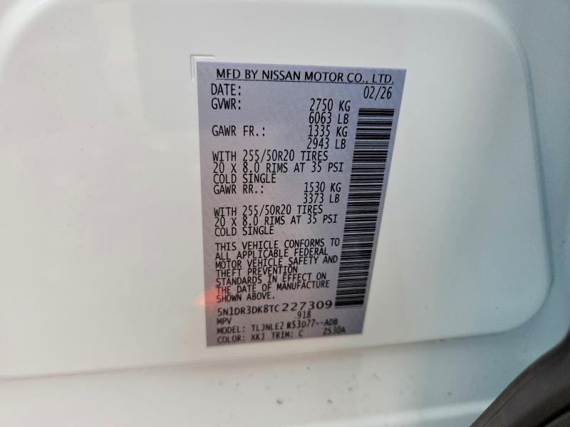 66715386 :رقم المزاد ، 5N1DR3DK8TC227309 vin ، 2026 Nissan Pathfinder مزاد بيع
