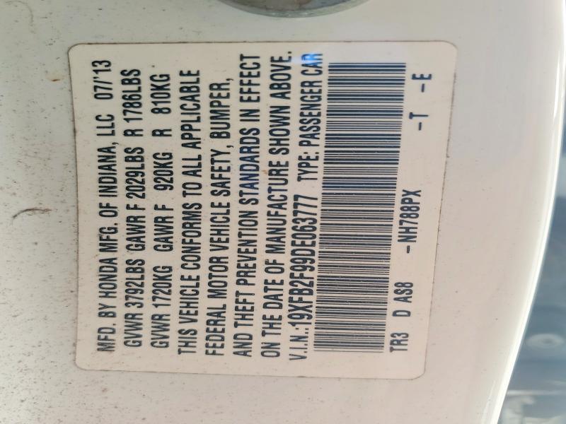 2013 Honda Civic მანქანა იყიდება აუქციონზე, vin: 19XFB2F99DE063777, აუქციონის ნომერი: 63620256