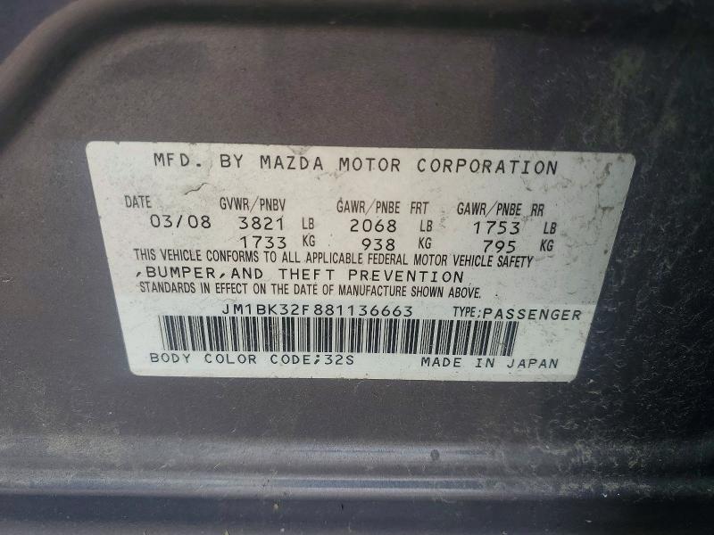 2008 Mazda 3 მანქანა იყიდება აუქციონზე, vin: JM1BK32F881136663, აუქციონის ნომერი: 64853256