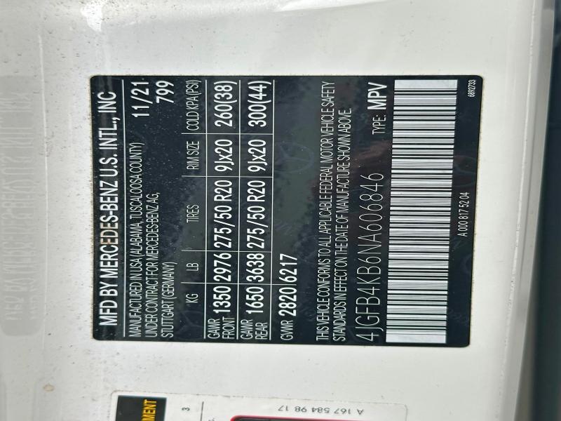 63702486 :رقم المزاد ، 4JGFB4KB6NA606846 vin ، 2022 Mercedes-benz Gle مزاد بيع
