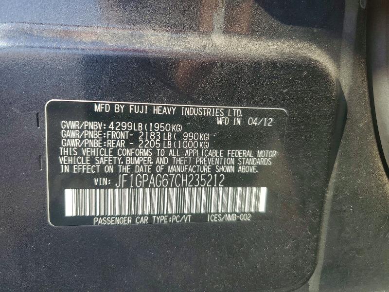 Продажа на аукционе авто 2012 Subaru Impreza, vin: JF1GPAG67CH235212, номер лота: 64562566