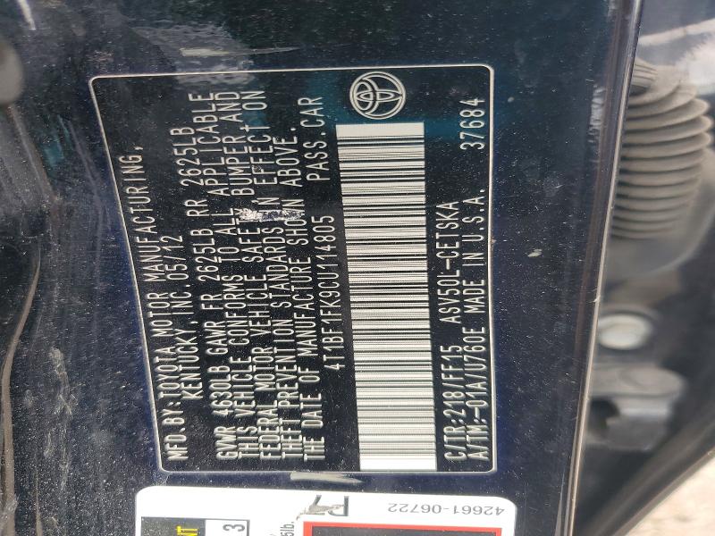 Aukcja sprzedaży 2012 Toyota Camry, vin: 4T1BF1FK9CU114805, numer aukcji: 64542216