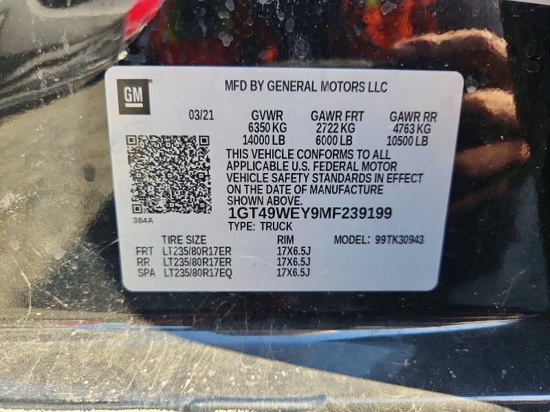2021 Gmc Sierra მანქანა იყიდება აუქციონზე, vin: 1GT49WEY9MF239199, აუქციონის ნომერი: 66091976