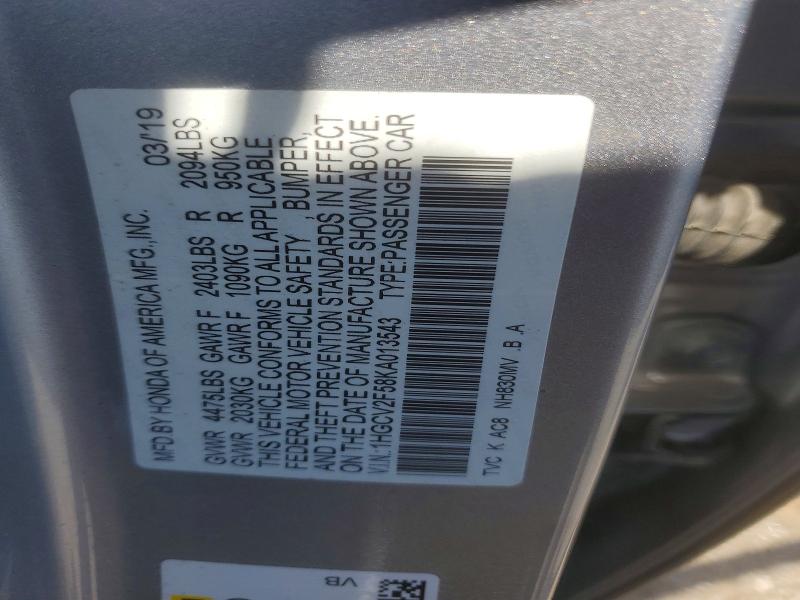 Продажа на аукционе авто 2019 Honda Accord, vin: 1HGCV2F58KA013543, номер лота: 64973296
