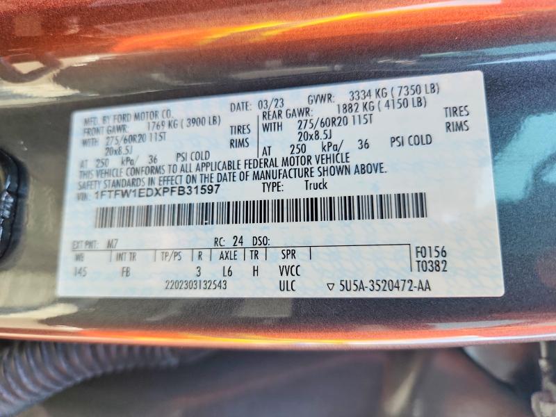 2023 Ford F150 მანქანა იყიდება აუქციონზე, vin: 1FTFW1EDXPFB31597, აუქციონის ნომერი: 65285286