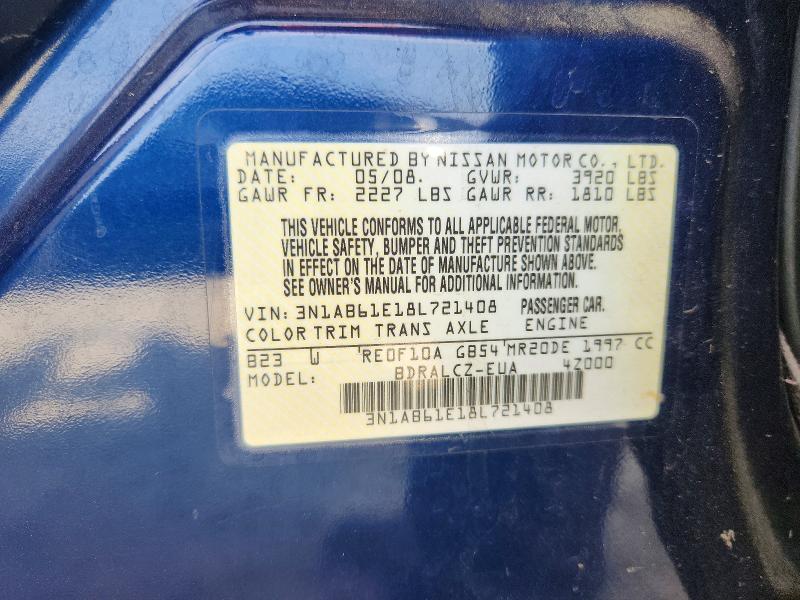 2008 Nissan Sentra მანქანა იყიდება აუქციონზე, vin: 3N1AB61E18L721408, აუქციონის ნომერი: 64495376