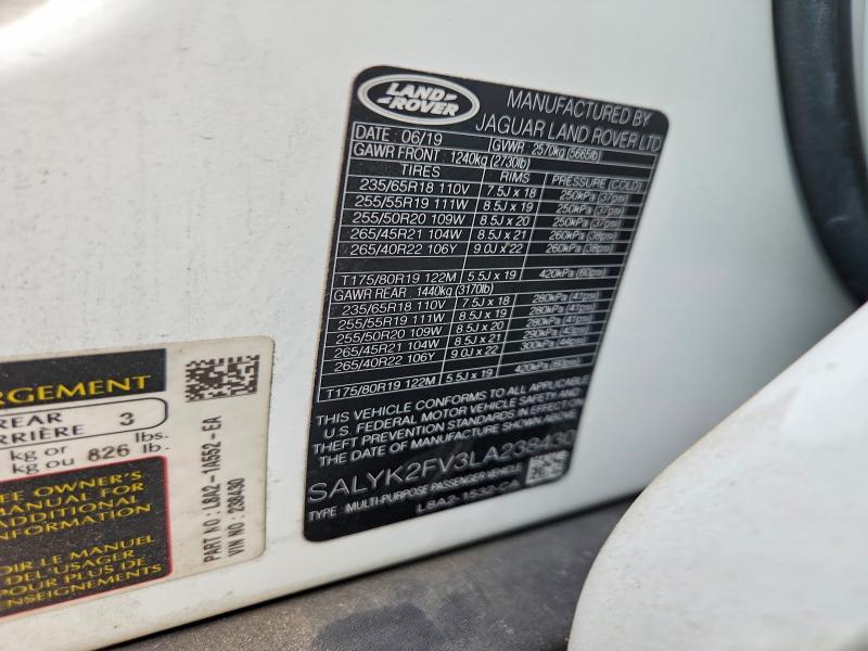 Aukcja sprzedaży 2020 Land Rover Range Rover Velar, vin: SALYK2FV3LA238430, numer aukcji: 63640546