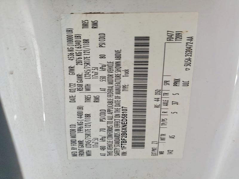 63219286 :رقم المزاد ، 1FTBF2B6XNED58107 vin ، 2022 Ford F250 مزاد بيع