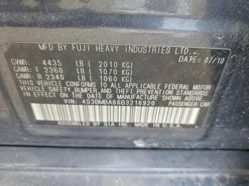 2011 Subaru Legacy მანქანა იყიდება აუქციონზე, vin: 4S3BMBA66B3216920, აუქციონის ნომერი: 67158356