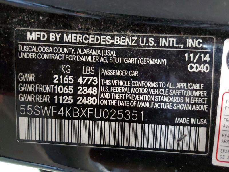 2015 Mercedes-benz C მანქანა იყიდება აუქციონზე, vin: 55SWF4KBXFU025351, აუქციონის ნომერი: 66448556