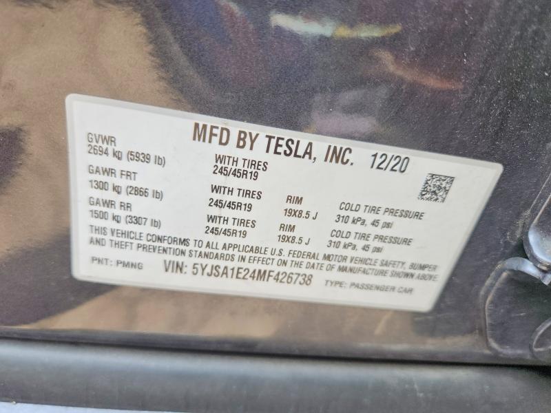 66525276 :رقم المزاد ، 5YJSA1E24MF426738 vin ، 2021 Tesla Model S مزاد بيع
