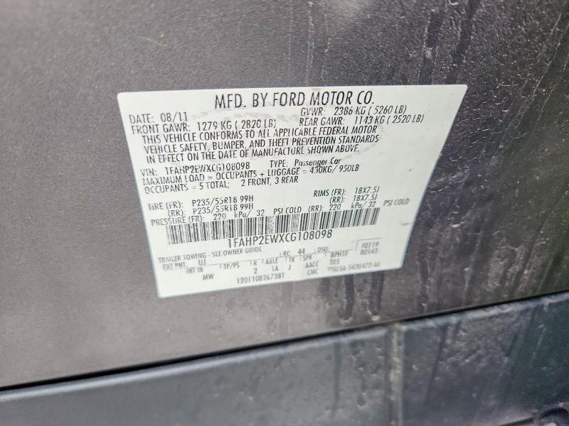 63786476 :رقم المزاد ، 1FAHP2EWXCG108098 vin ، 2012 Ford Taurus مزاد بيع