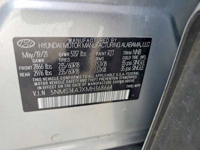 2021 Hyundai Santa Fe მანქანა იყიდება აუქციონზე, vin: 5NMS14AJXMH368664, აუქციონის ნომერი: 64627286