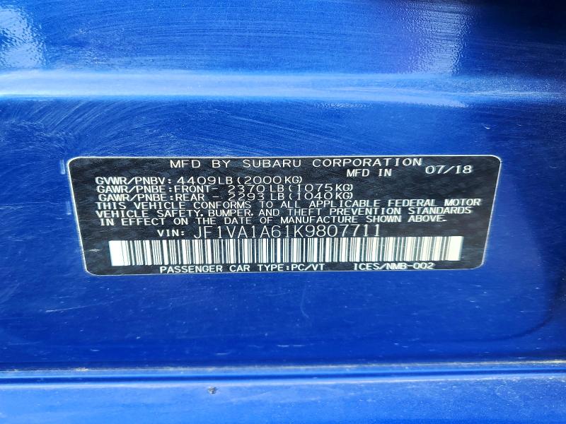 Продаж на аукціоні авто 2019 Subaru Wrx, vin: JF1VA1A61K9807711, номер лоту: 65513426