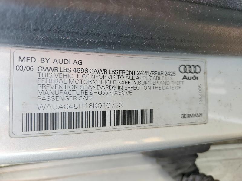 2006 Audi A4 მანქანა იყიდება აუქციონზე, vin: WAUAC48H16K010723, აუქციონის ნომერი: 64202566