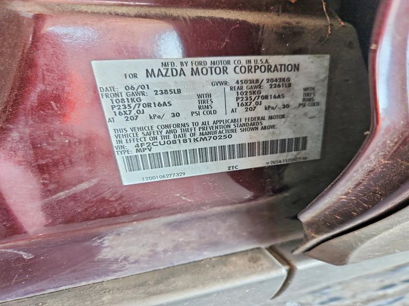 65637886 :رقم المزاد ، 4F2CU08181KM70250 vin ، 2001 Mazda Tribute مزاد بيع