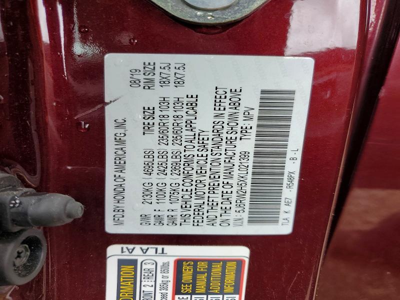 Продаж на аукціоні авто 2019 Honda Cr-v, vin: 5J6RW2H5XKL021399, номер лоту: 65024346