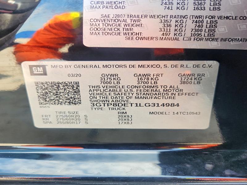 67447086 :رقم المزاد ، 3GTP8DET1LG314984 vin ، 2020 Gmc Sierra مزاد بيع
