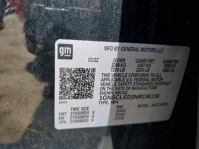 64681686 :رقم المزاد ، 1GNSCLED3NR198158 vin ، 2022 Chevrolet Tahoe مزاد بيع