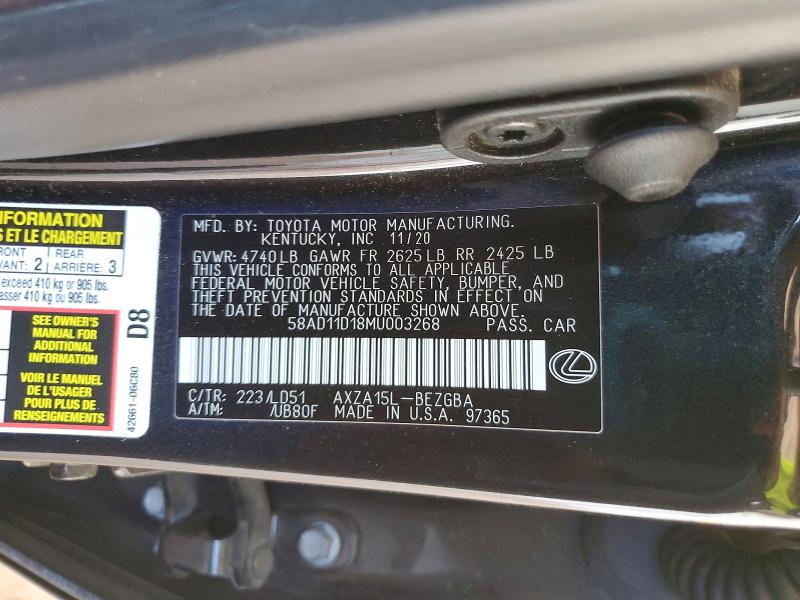 66711766 :رقم المزاد ، 58AD11D18MU003268 vin ، 2021 Lexus Es 250 مزاد بيع