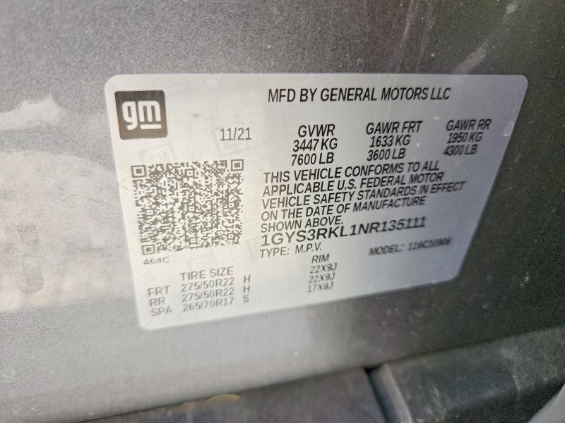 2022 Cadillac Escalade მანქანა იყიდება აუქციონზე, vin: 1GYS3RKL1NR135111, აუქციონის ნომერი: 63856166