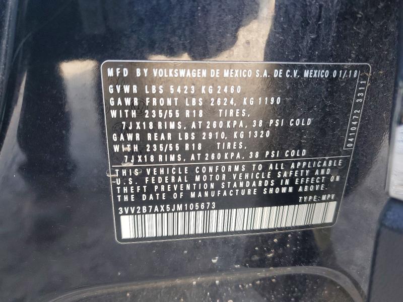 2018 Volkswagen Tiguan მანქანა იყიდება აუქციონზე, vin: 3VV2B7AX5JM105673, აუქციონის ნომერი: 65684736