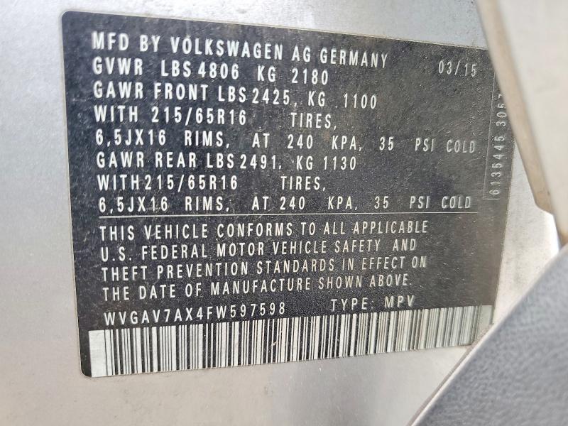Продаж на аукціоні авто 2015 Volkswagen Tiguan, vin: WVGAV7AX4FW597598, номер лоту: 64079716