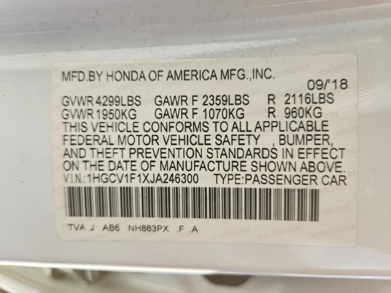 Продаж на аукціоні авто 2018 Honda Accord, vin: 1HGCV1F1XJA246300, номер лоту: 65877726