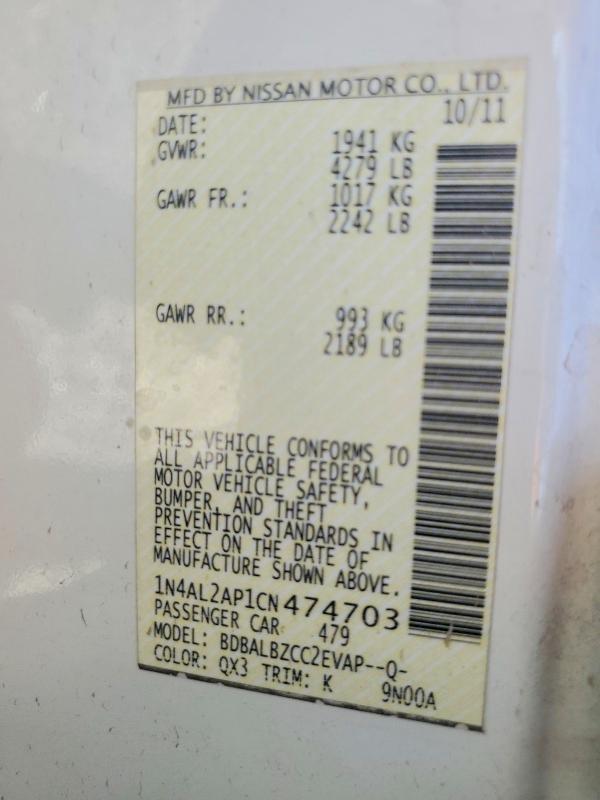 Aukcja sprzedaży 2012 Nissan Altima, vin: 1N4AL2AP1CN474703, numer aukcji: 63477306