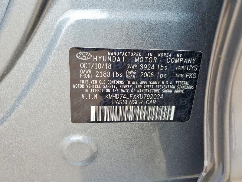 63893866 :رقم المزاد ، KMHD74LFXKU792024 vin ، 2019 Hyundai Elantra مزاد بيع