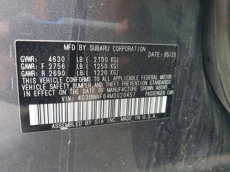 67028396 :رقم المزاد ، 4S3BWAF64M3020457 vin ، 2021 Subaru Legacy مزاد بيع