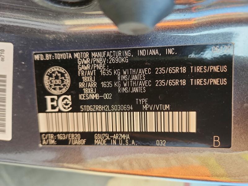 Продажа на аукционе авто 2020 Toyota Highlander, vin: 5TDGZRBH2LS030694, номер лота: 65392726