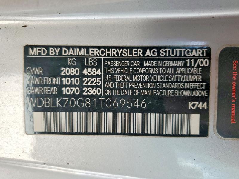 66536146 :رقم المزاد ، WDBLK70G81T069546 vin ، 2001 Mercedes-benz Clk مزاد بيع