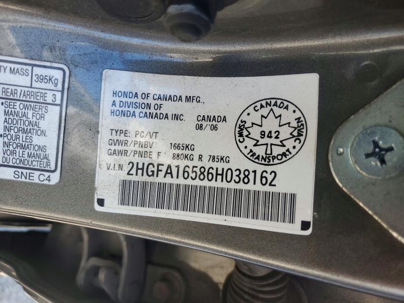 2006 Honda Civic მანქანა იყიდება აუქციონზე, vin: 2HGFA16586H038162, აუქციონის ნომერი: 66741986