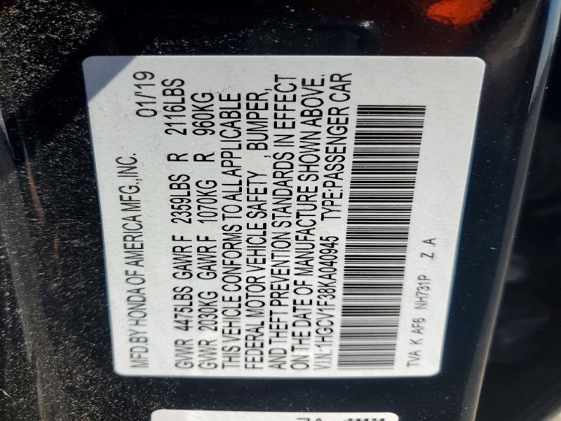 Aukcja sprzedaży 2019 Honda Accord, vin: 1HGCV1F38KA040945, numer aukcji: 65939006