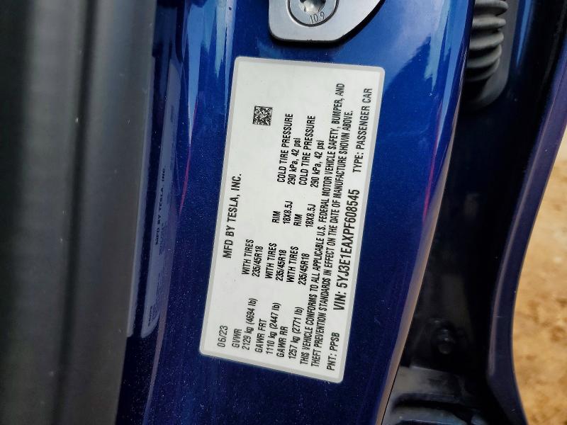 64075996 :رقم المزاد ، 5YJ3E1EAXPF608545 vin ، 2023 Tesla Model 3 مزاد بيع