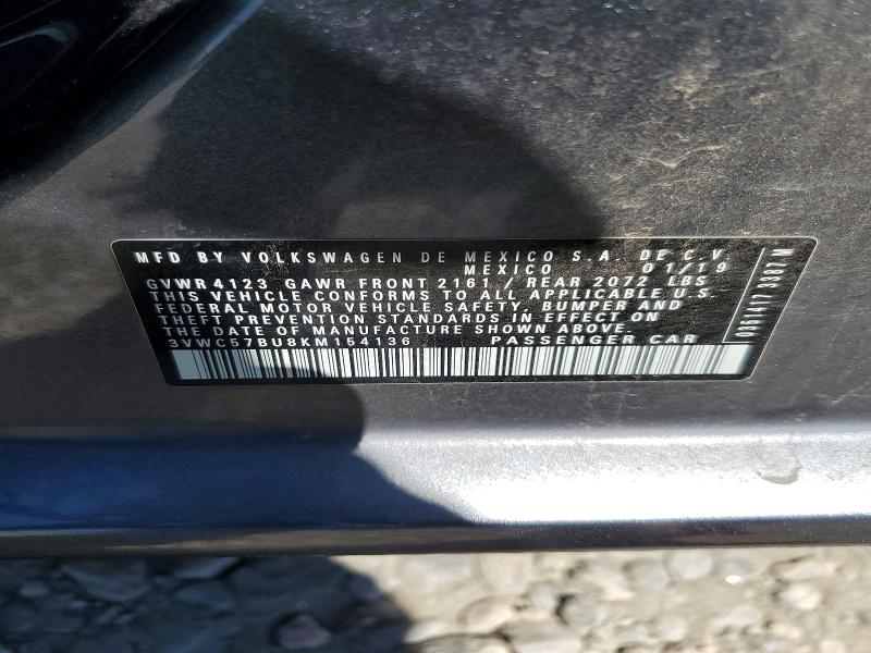 2019 Volkswagen Jetta მანქანა იყიდება აუქციონზე, vin: 3VWC57BU8KM154136, აუქციონის ნომერი: 66125026