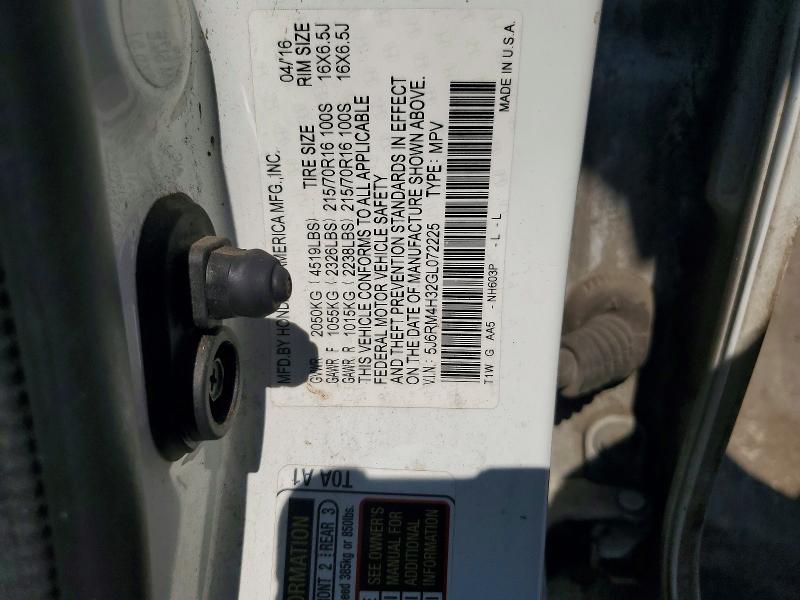 2016 Honda Cr-v მანქანა იყიდება აუქციონზე, vin: 5J6RM4H32GL072225, აუქციონის ნომერი: 63558016