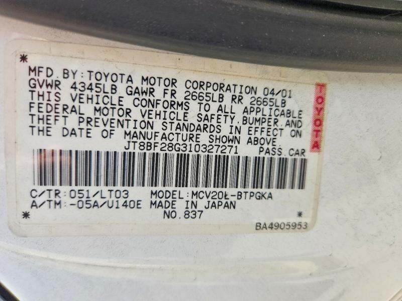 Aukcja sprzedaży 2001 Lexus Es, vin: JT8BF28G310327271, numer aukcji: 64772706
