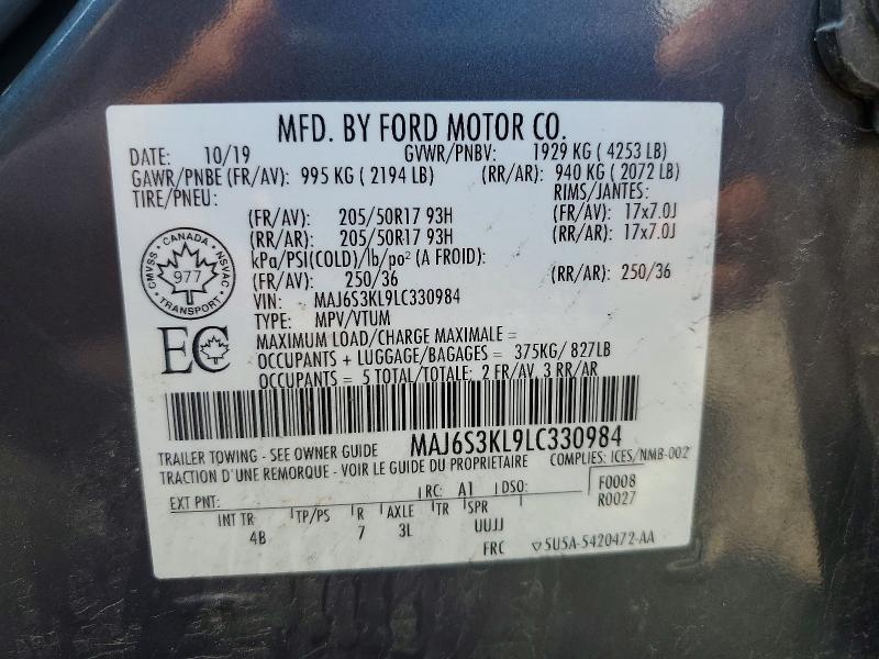 2020 Ford Ecosport მანქანა იყიდება აუქციონზე, vin: MAJ6S3KL9LC330984, აუქციონის ნომერი: 64369476